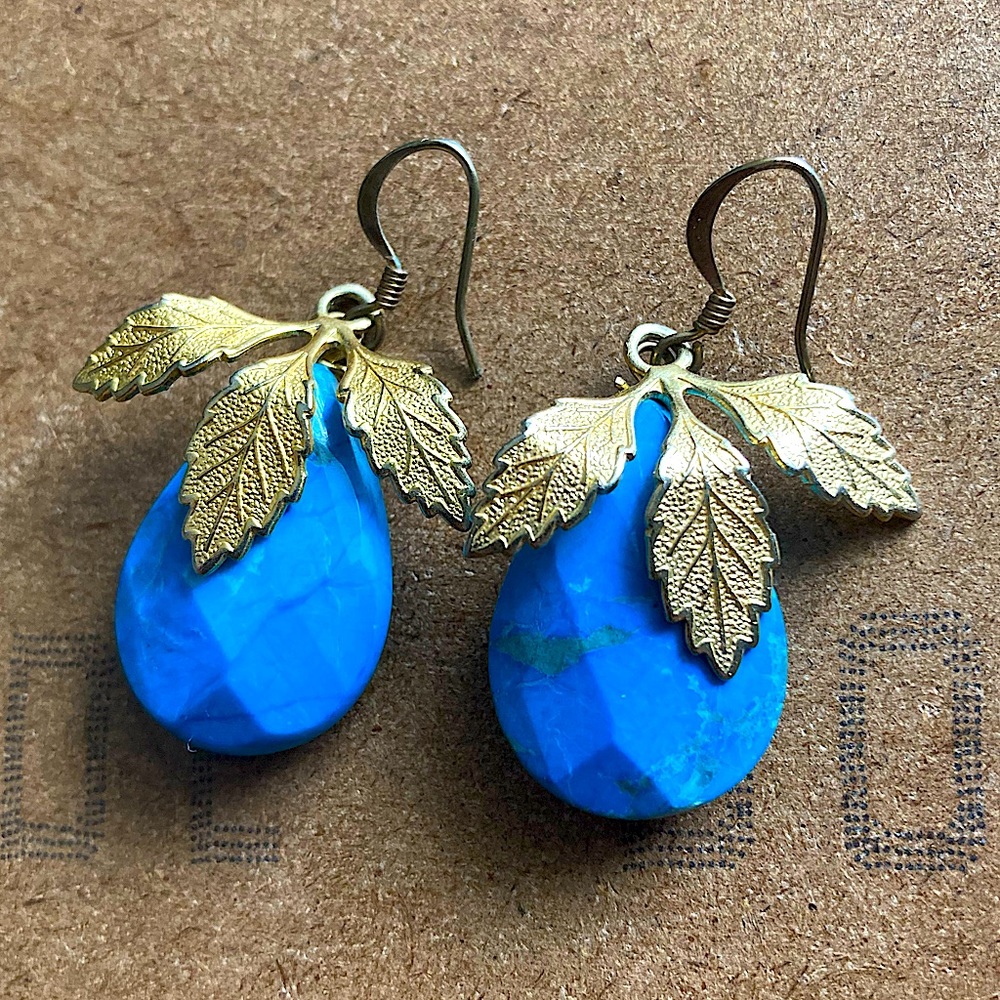 Blue Drop Earrings with Gold Accents